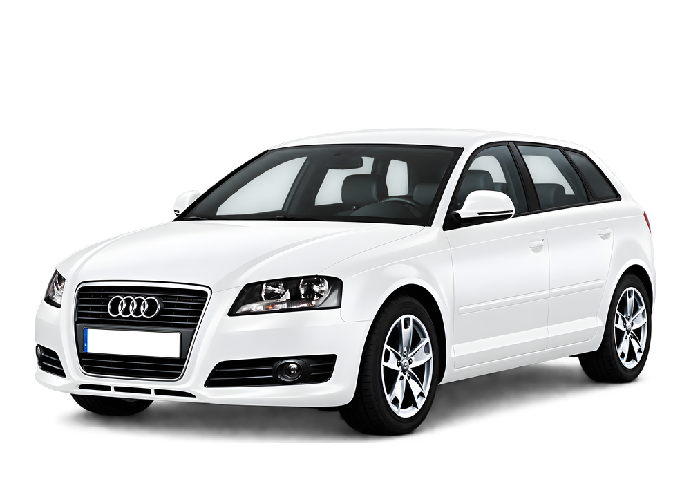 Audi A3 Sportback, fünftüriges Schrägheckmodell, von vorn seitlich gezeigt, mit dem Vier-Ringe-Emblem am Kühlergrill