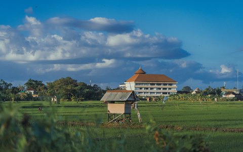 Ein grünes Reisfeld mit einer kleinen Hütte in Seminyak, dahinter ein Gebäude und weiße Wolken am blauen Himmel