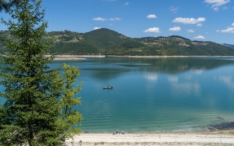 Blick auf einen ruhigen See mit einem kleinen Boot, einer Kiefer im Vordergrund und grünen bewaldeten Hügeln unter blauem Himmel