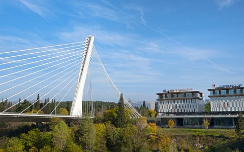Weißer Pylon und Seile der Millennium-Brücke in Podgorica über grünen Bäumen, rechts moderne Gebäude unter blauem Himmel