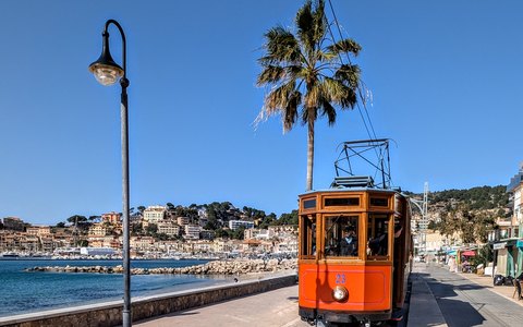 Historische rote Straßenbahn von Sóller auf der Uferpromenade mit Palmen unter klarem blauem Himmel