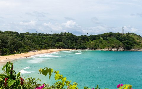 Der geschwungene Sandstrand von Nai Harn Beach und türkisfarbenes Wasser, eingerahmt von grünen Hügeln, mit Blumen im Vordergrund