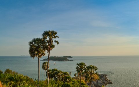 Palmen auf einer grünen Landzunge über dem Meer, mit einer kleinen Insel vor der Küste unter klarem Abendhimmel