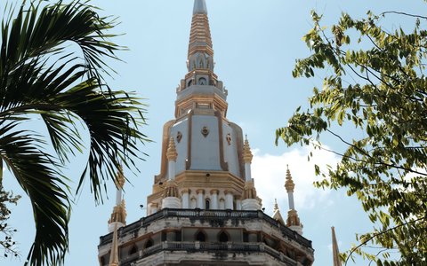 Die weiß-goldene Spitze einer hohen Stufenpagode am Tiger Cave Temple, eingerahmt von Palmwedeln und belaubten Zweigen unter blauem Himmel